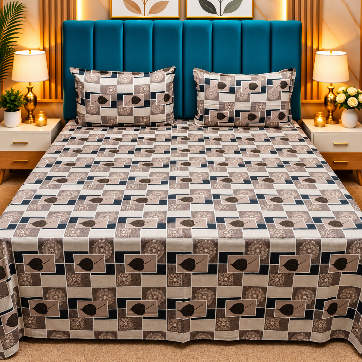 Procian Premium Beige & Brown Geometric Printed Pure Cotton Queen-Size Bedsheet