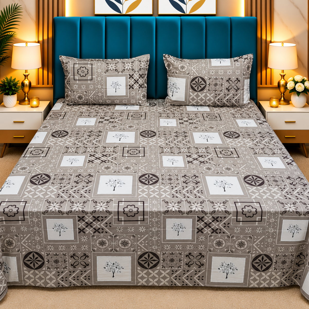Procian Premium Grey & Beige Geometric Printed Pure Cotton Queen-Size Bedsheet