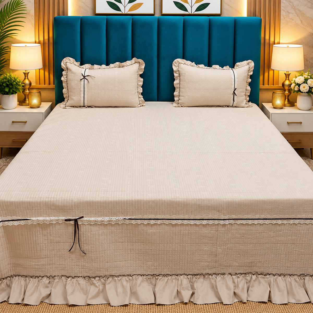 Atrio Premium Beige Quilted Cotton Bedcover with Ruffle Border