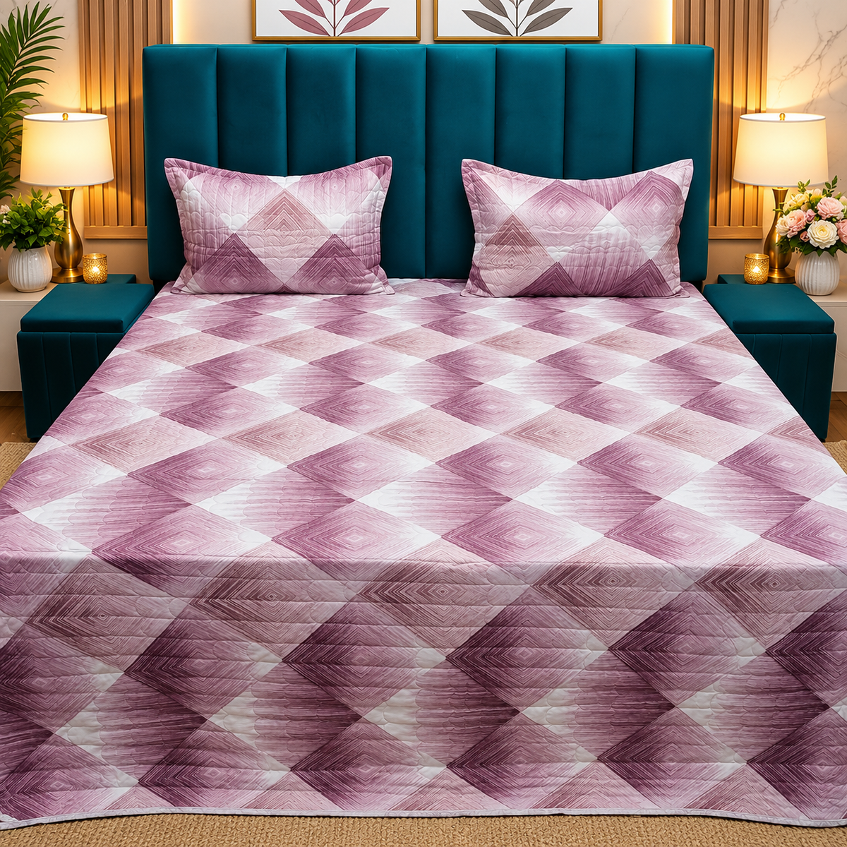 Elowen Premium Mauve & White Geometric Printed Cotton Bedcover