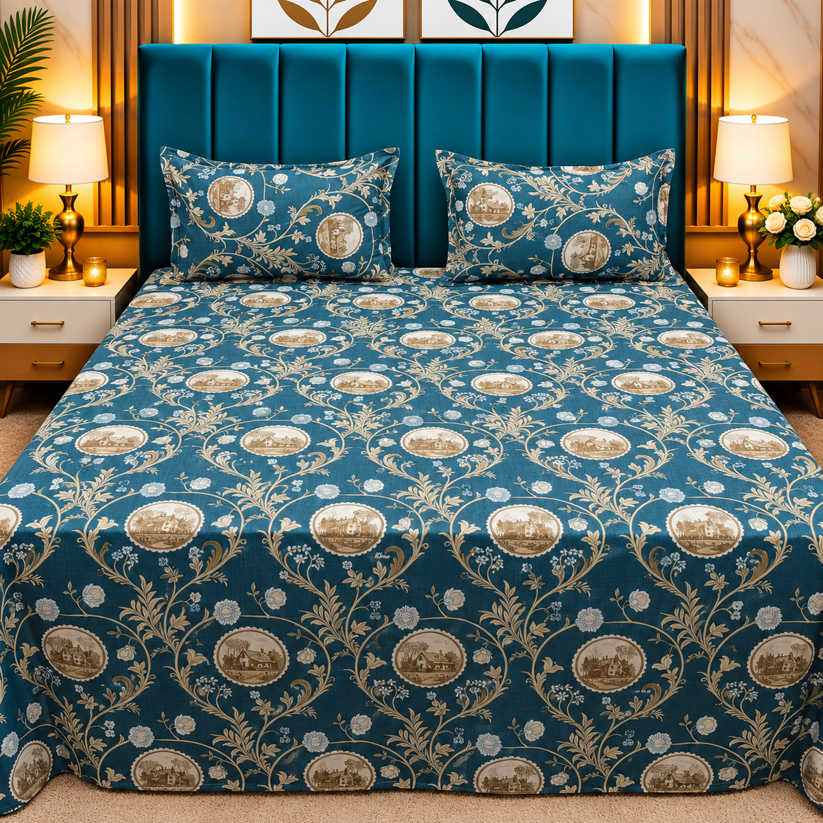 Procian Premium Teal Blue & Beige Paisley Printed Pure Cotton Queen-Size Bedsheet