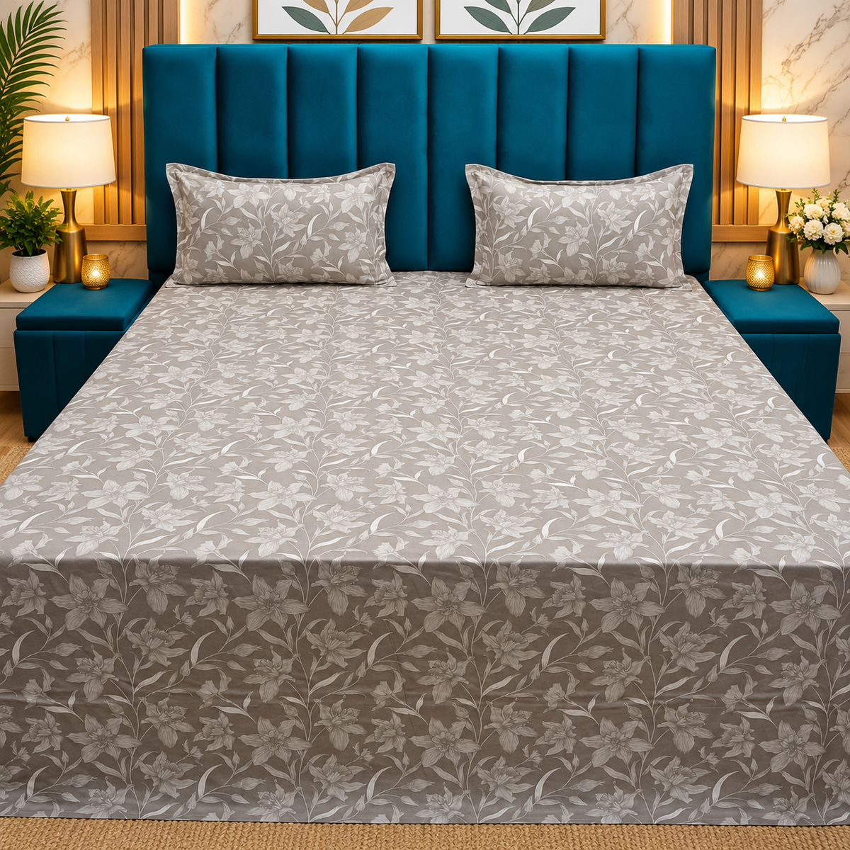 Procian Premium Grey & White Floral Printed Pure Cotton King-Size Bedsheet