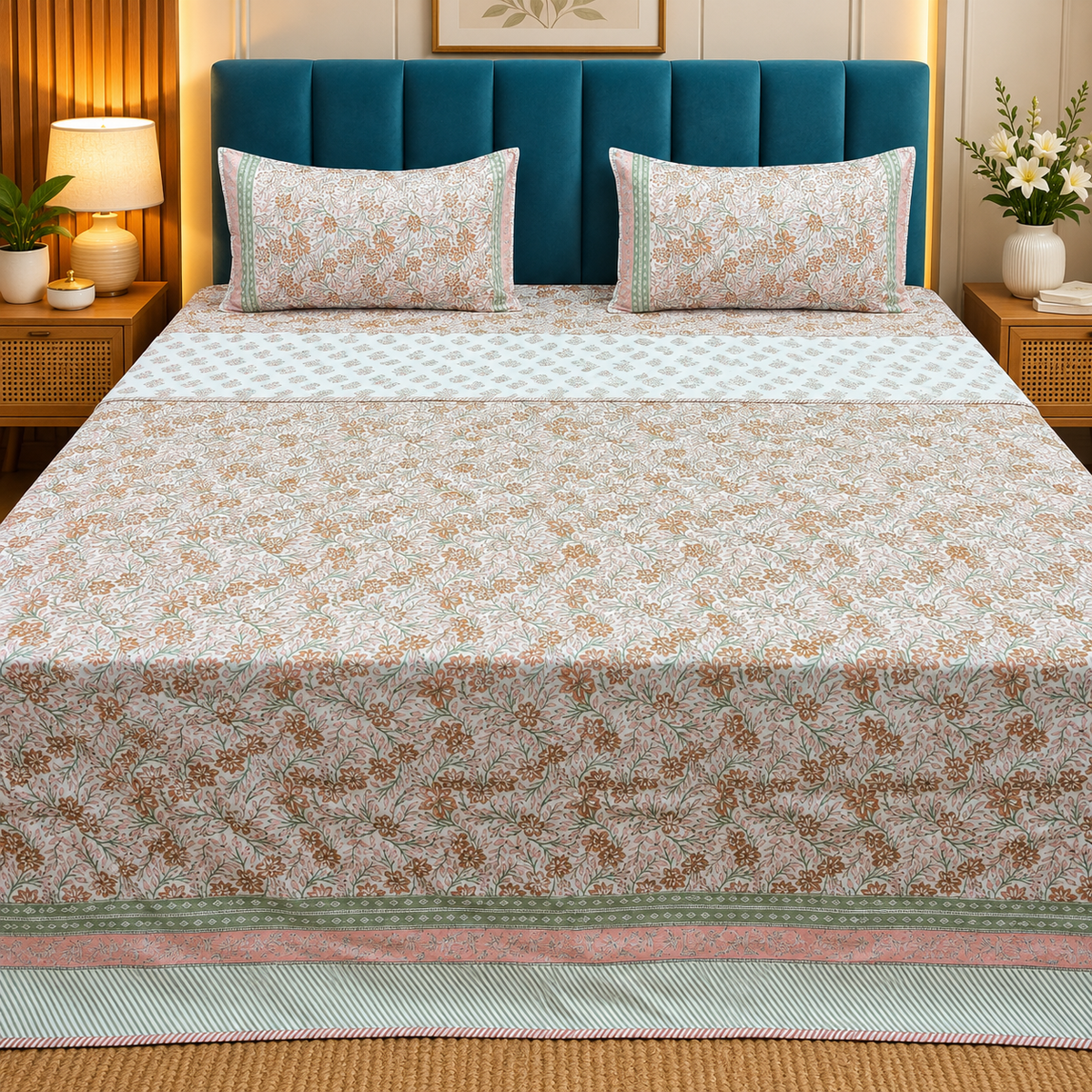 Saanjh HandBlock Printed Mul Mul cotton 4 pcs Bedding Set