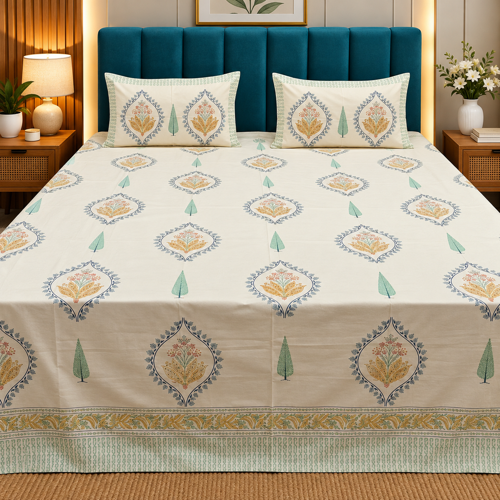 Percale Premium Floral Motif Hand Block Printed Super King-Size Cotton Bedsheet (400TC)