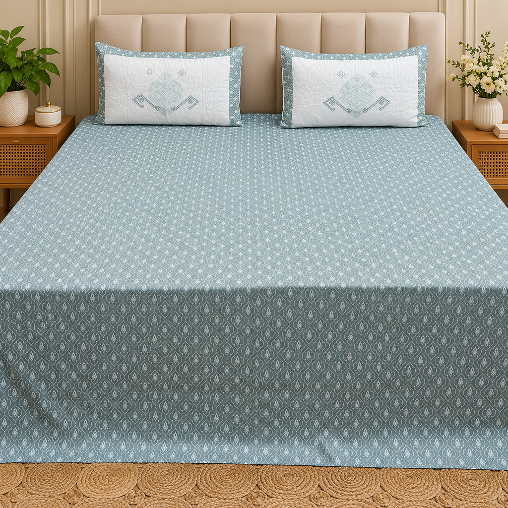 Fabrica Signature Pure Cotton King Size Printed Bedsheet with Quilted pillow covers