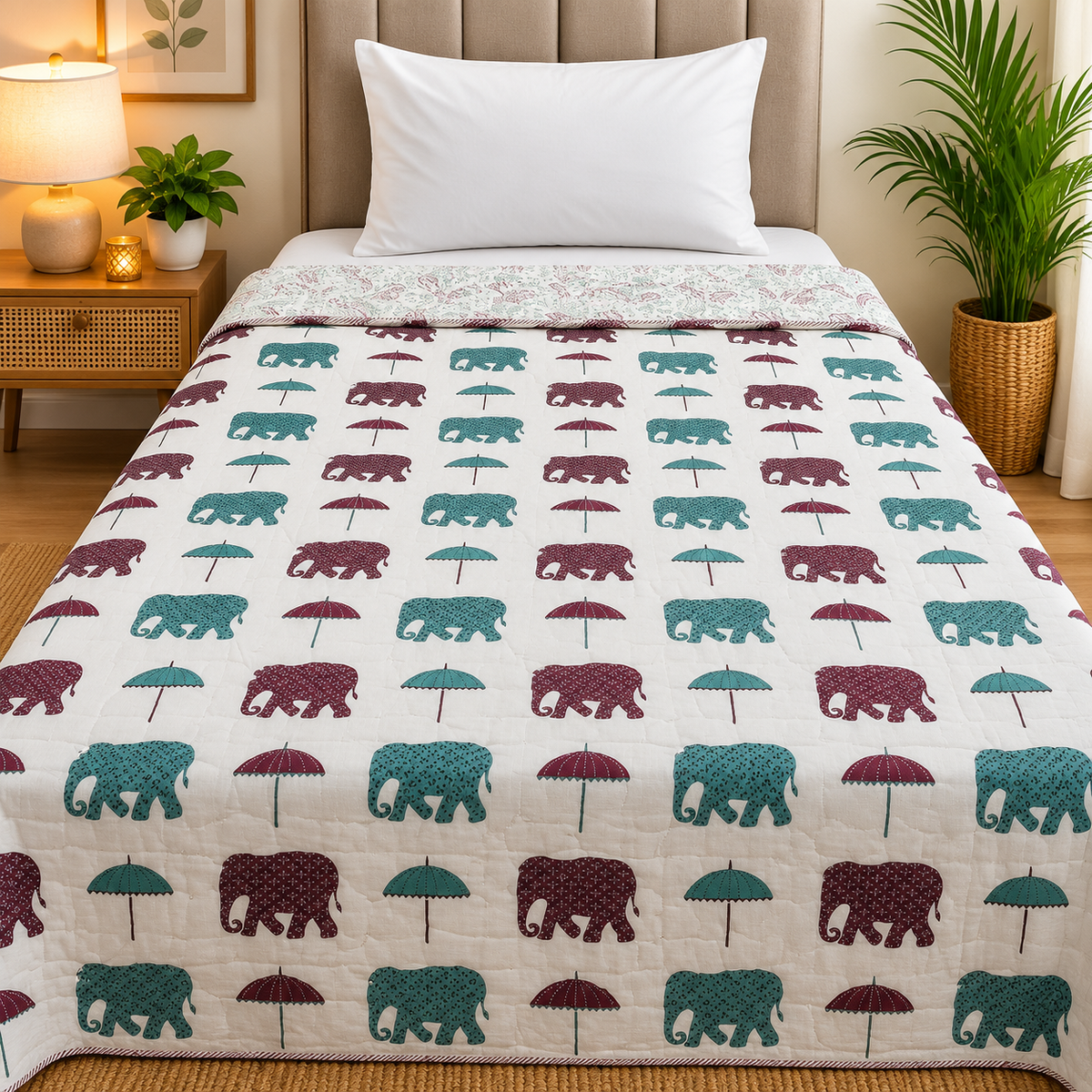 Mughal Nazakat Elegant Teal & Maroon Elephant Printed Single Bed Pure Cotton AC Quilt