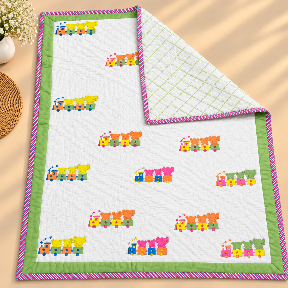 Little Dreamers Teddy Train Adventure Printed Pure Mul Cotton Reversible Baby Quilt