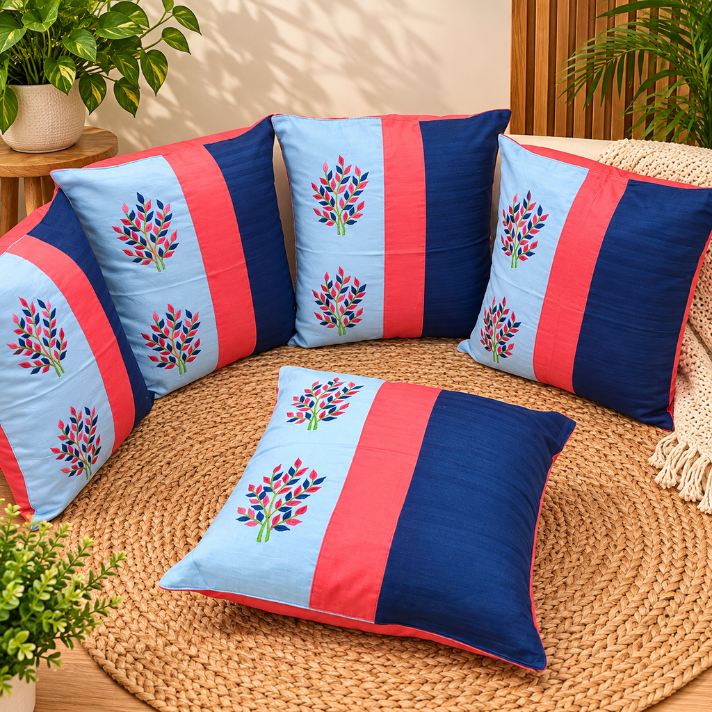 Mix & Match Pure Cotton  Embroidered Cushion Covers (Set of 5 Pcs )