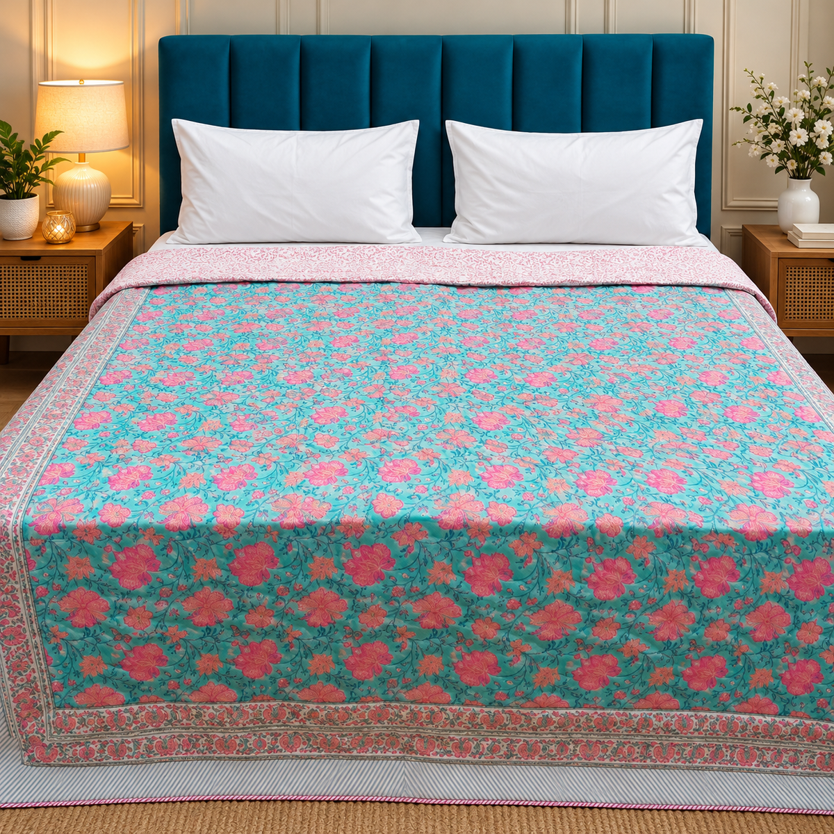 Rang Mahal Premium Turquoise Blue & Pink Floral Printed Double Bed Pure Mul Cotton AC Quilt