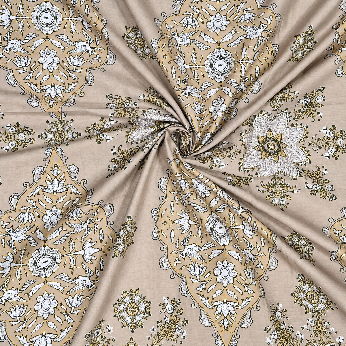 Glory Premium Ivory & Grey Floral Medallion Printed Queen Size Pure Cotton Bedsheet