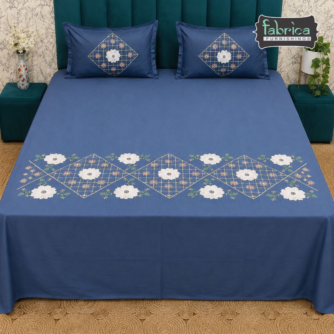 Shahi karigari Pure Cotton Designer Kingsize Embroidered Bedsheet