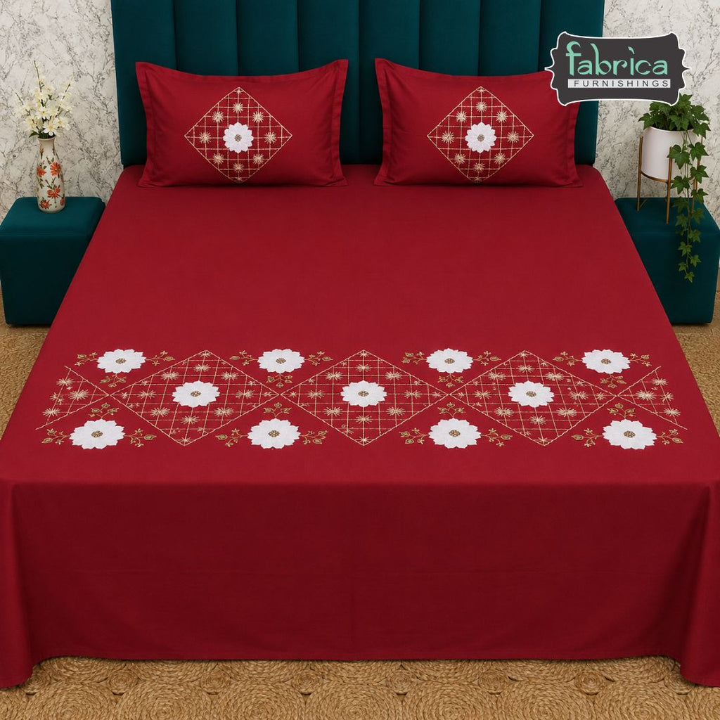 Shahi karigari Pure Cotton Designer Kingsize Embroidered Bedsheet