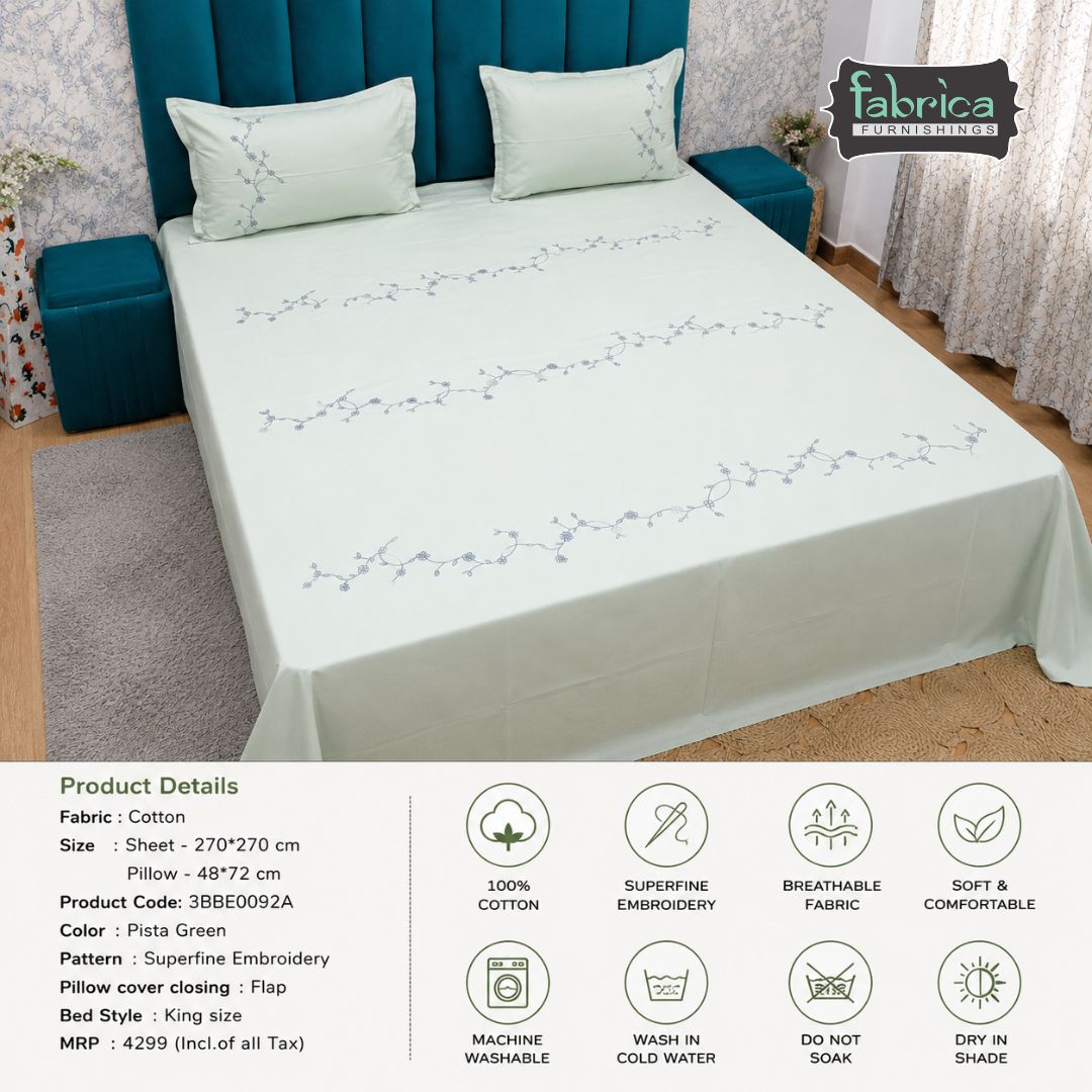 Floral Bloom Embroidered King Size Pure Cotton Bedsheet Set