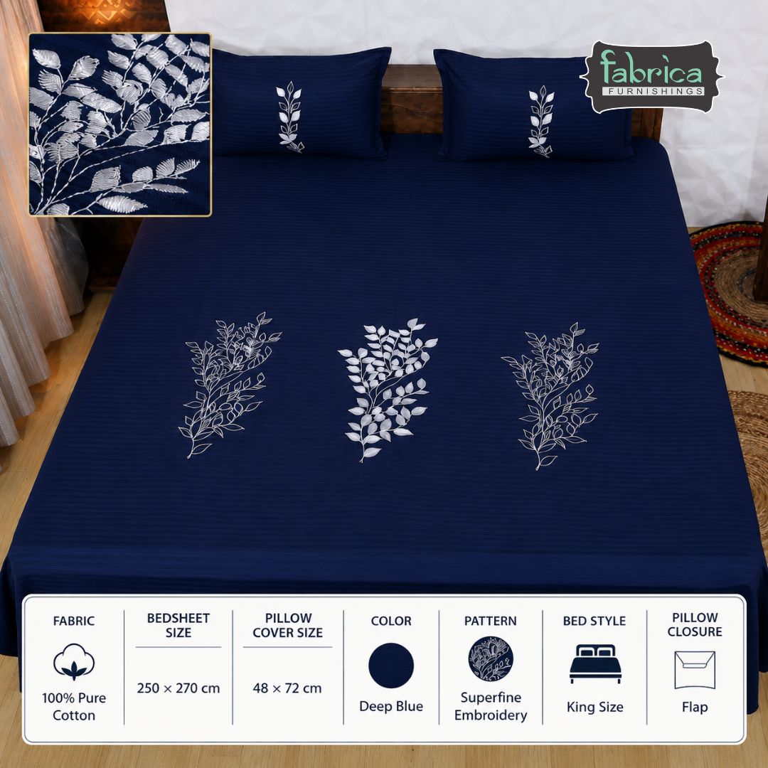 Fabby Home Blue Designer Embroider King Size Bed Sheets