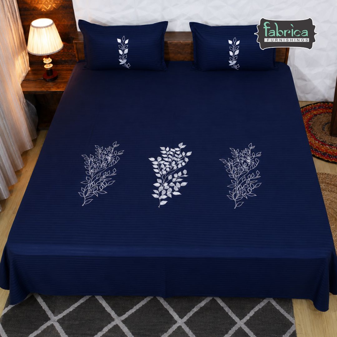 Fabby Home Blue Designer Embroider King Size Bed Sheets