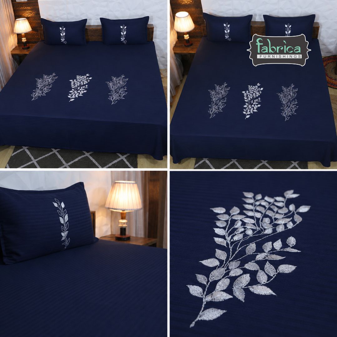Fabby Home Blue Designer Embroider King Size Bed Sheets