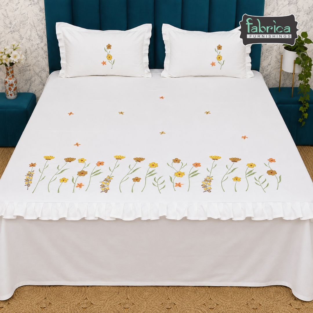 Ivory bloom Designer Pure Cotton Kingsize Embroidered Bedsheet