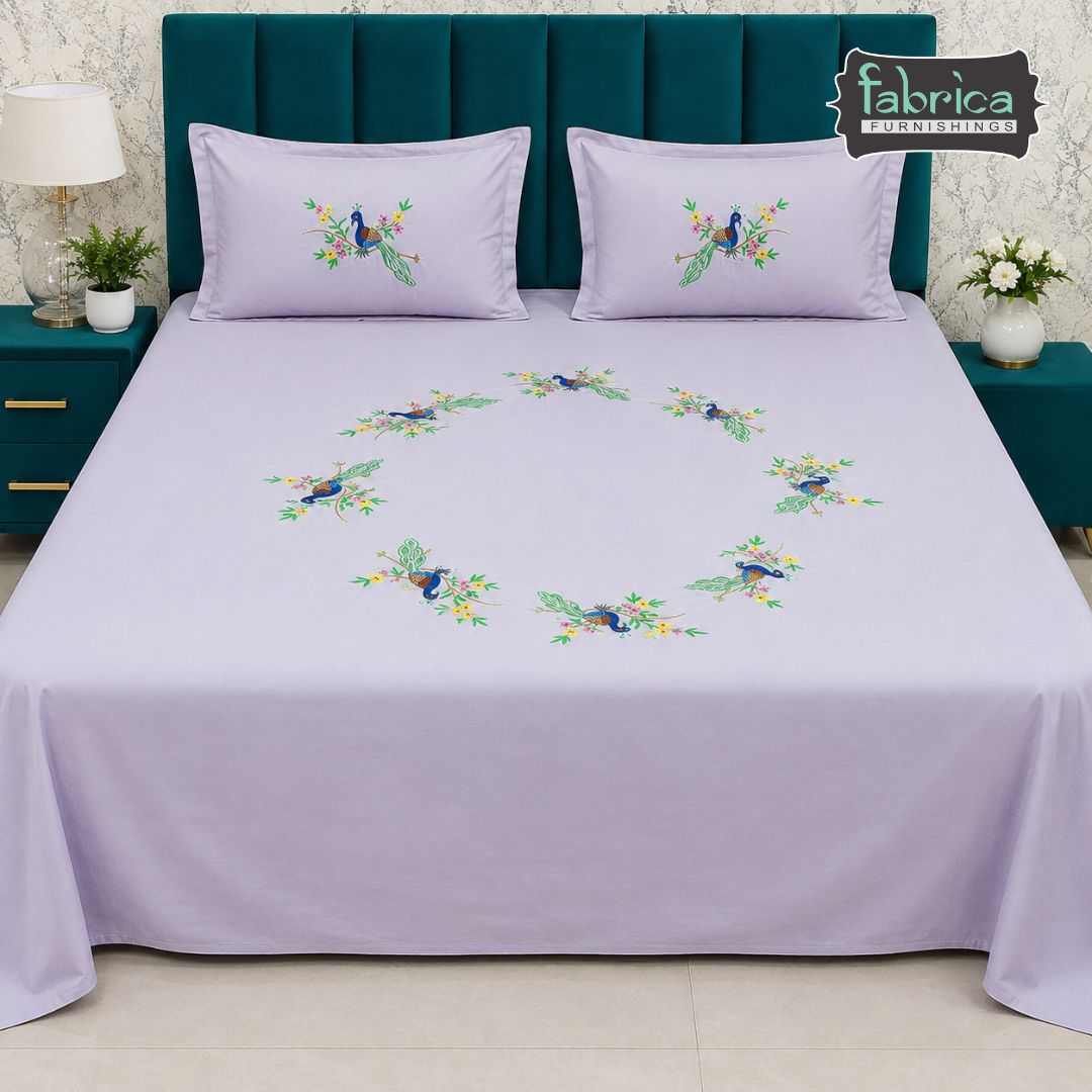 Ivory bloom Designer Pure Cotton Kingsize Embroidered Bedsheet