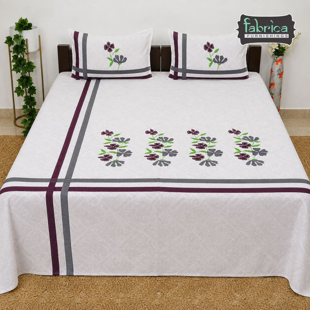 Ivory bloom Designer Pure Cotton Kingsize Embroidered Bedsheet