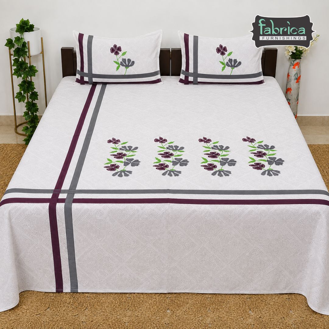 Ivory bloom Designer Pure Cotton Kingsize Embroidered Bedsheet