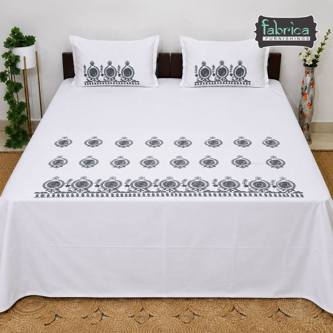 Fabby Decor Designer Embroidery Cotton King Size Bed Sheets