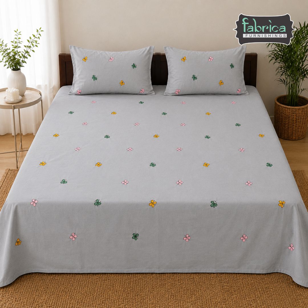 Floral Bloom Embroidered King Size Pure Cotton Bedsheet Set