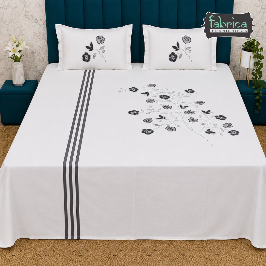 Ivory bloom Designer Pure Cotton Kingsize Embroidered Bedsheet