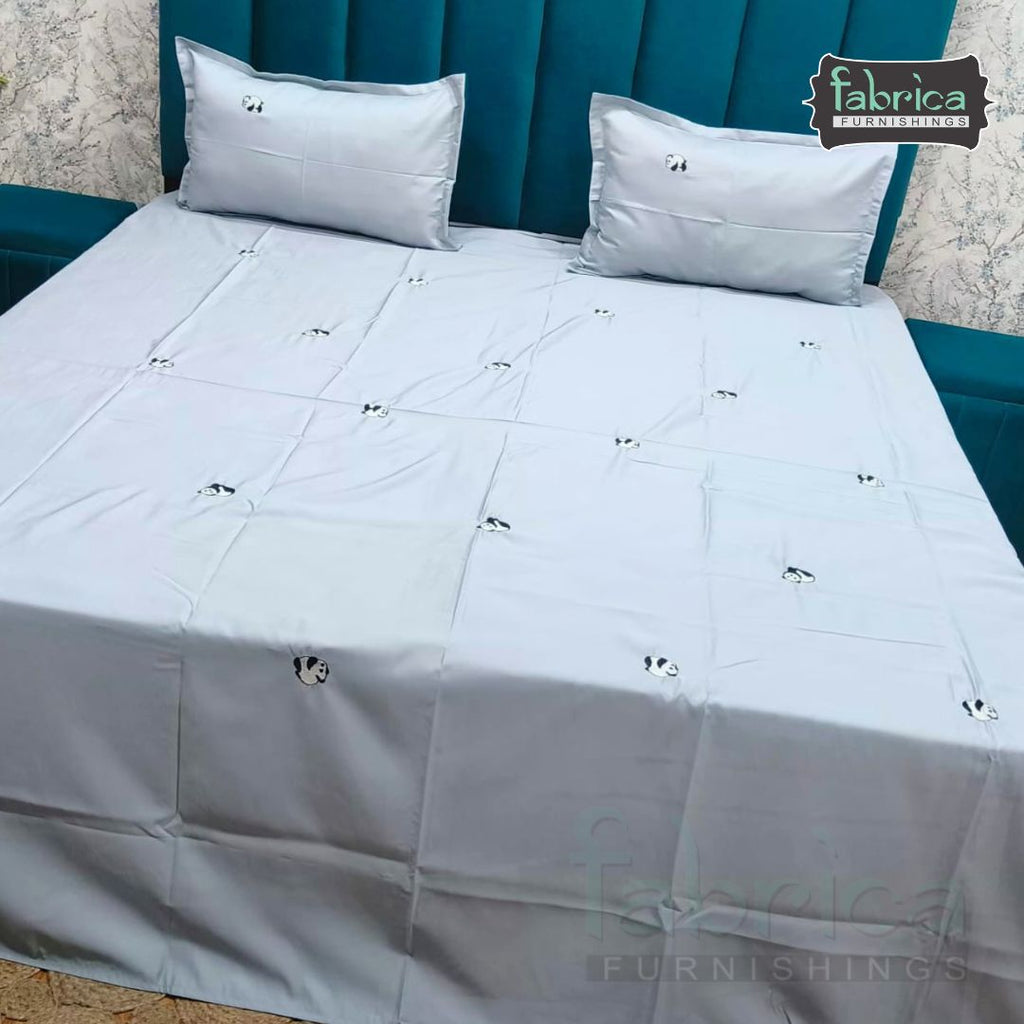Grey Cotton King Bedsheet Set Premium Cotton with Elegant Minimal Embroidery