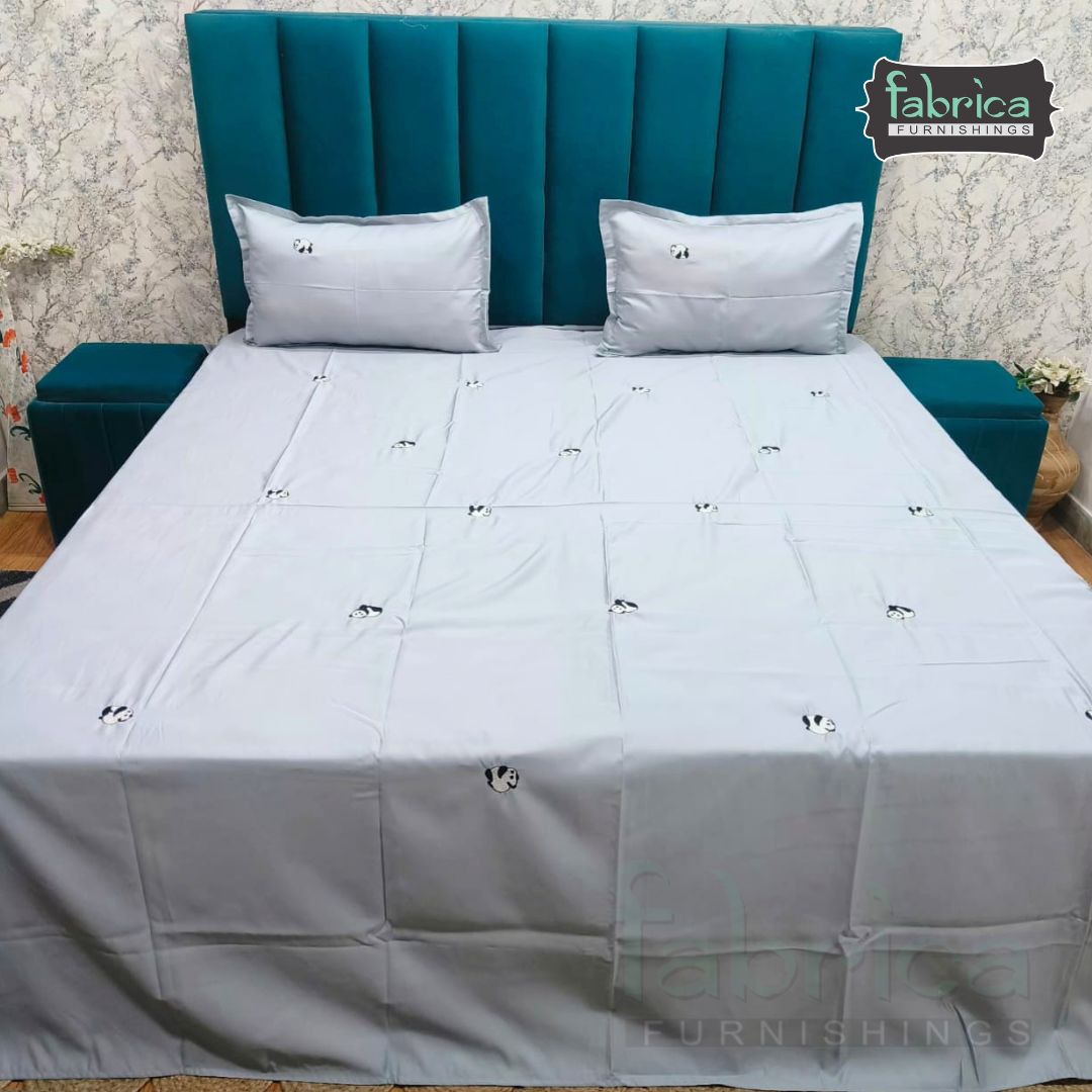 Grey Cotton King Bedsheet Set Premium Cotton with Elegant Minimal Embroidery