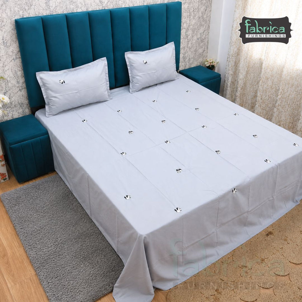 Grey Cotton King Bedsheet Set Premium Cotton with Elegant Minimal Embroidery