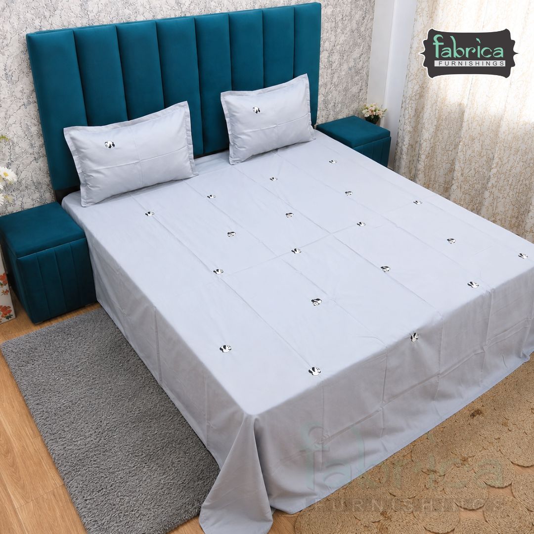 Grey Cotton King Bedsheet Set Premium Cotton with Elegant Minimal Embroidery
