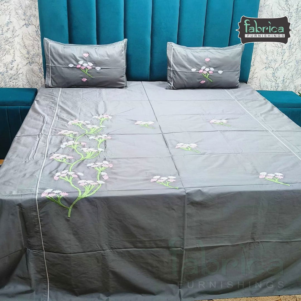 Fabrica Elegant Grey Floral Embroidered Cotton King Size Bedsheet