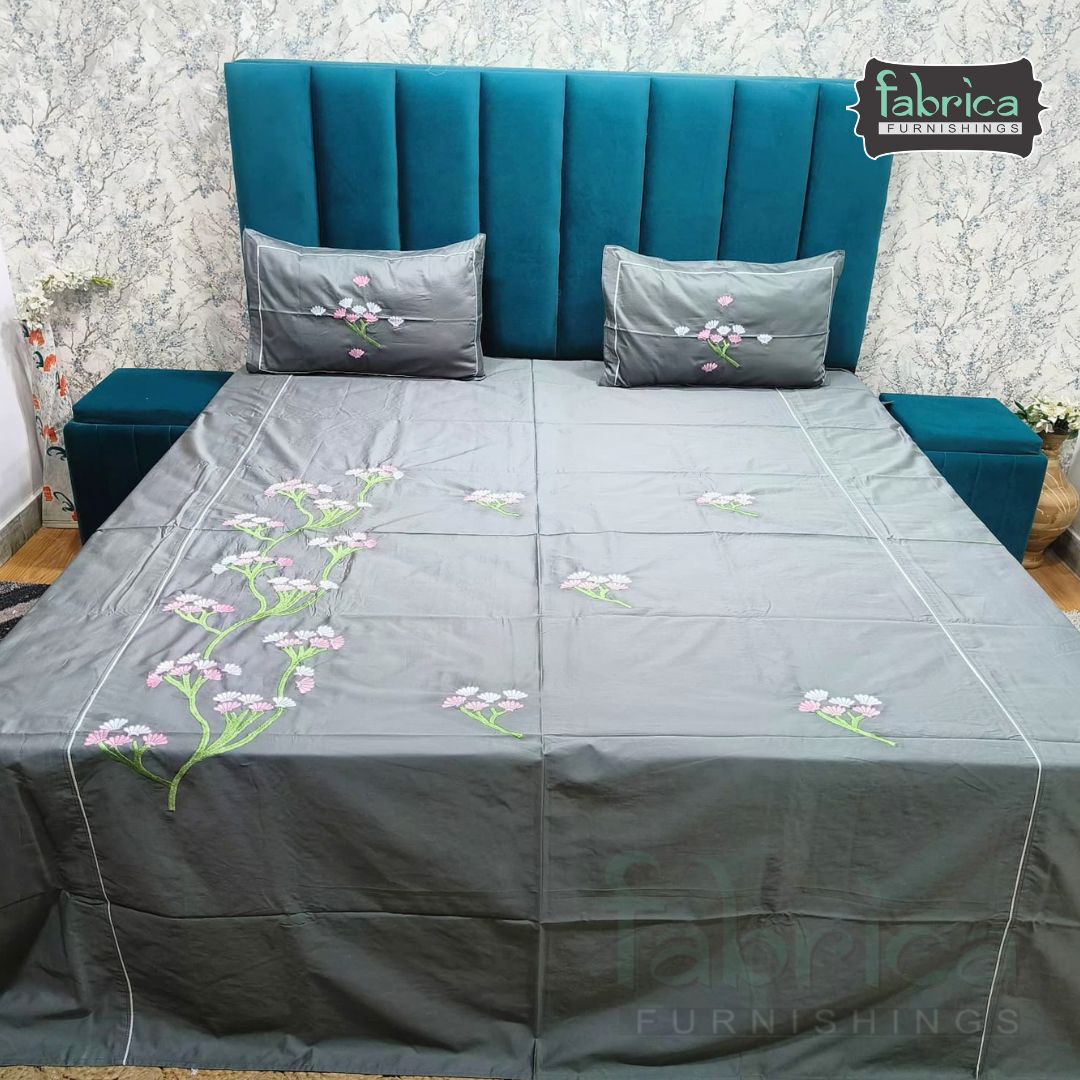 Fabrica Elegant Grey Floral Embroidered Cotton King Size Bedsheet