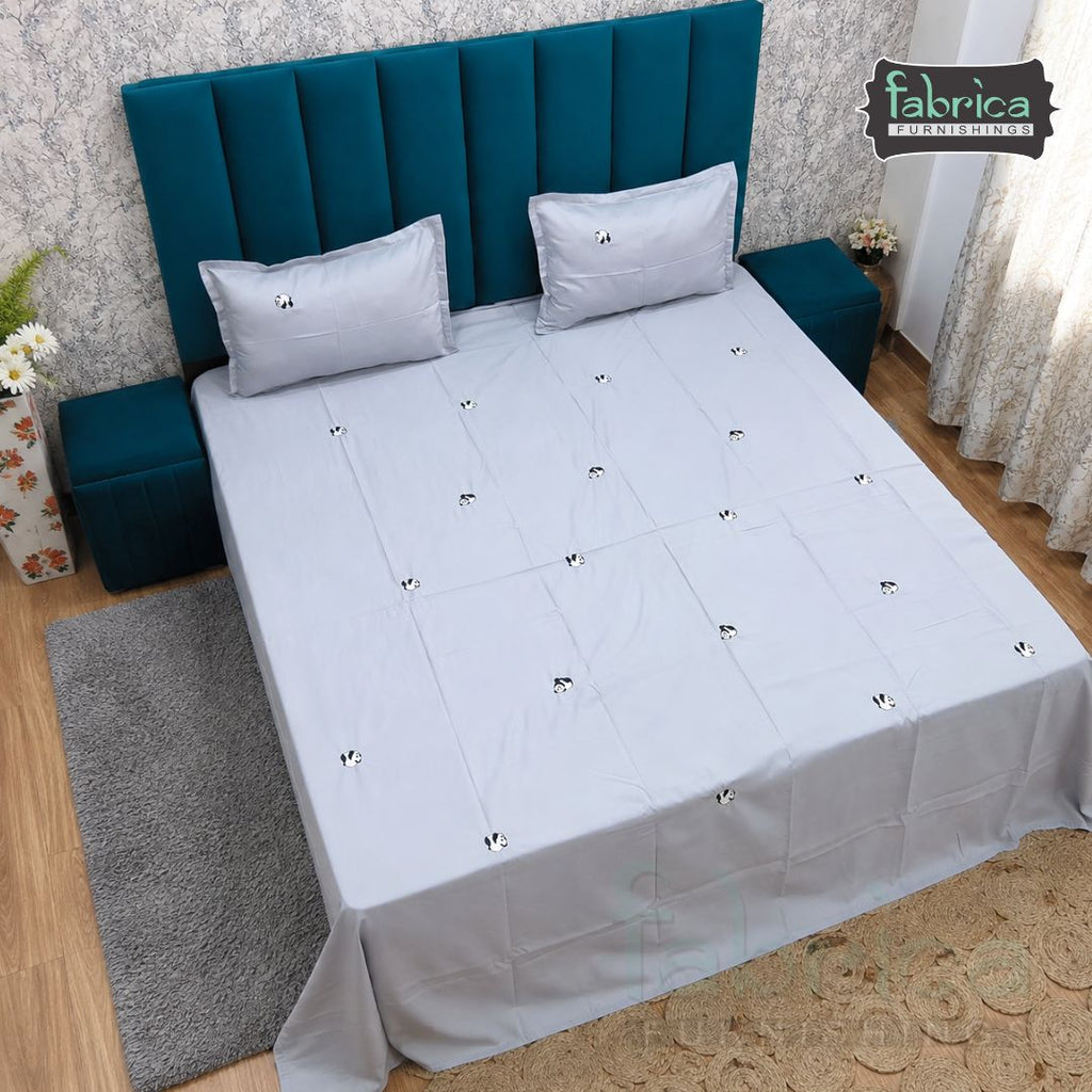 Grey Cotton King Bedsheet Set Premium Cotton with Elegant Minimal Embroidery