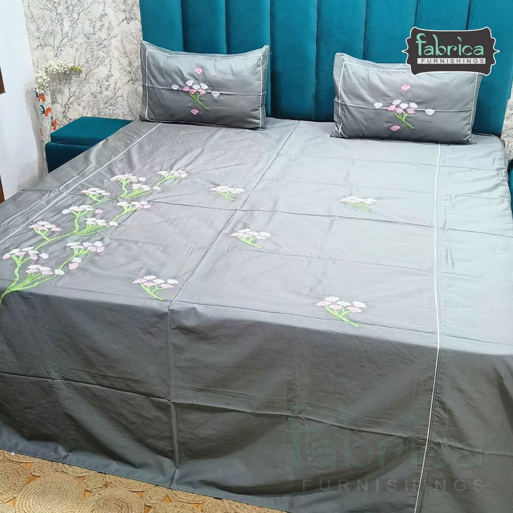 Fabrica Elegant Grey Floral Embroidered Cotton King Size Bedsheet