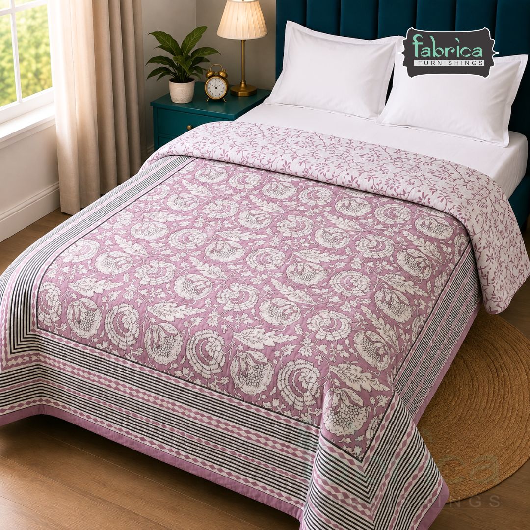Mughal Nazakat Floral Handblock Printed Single Bed Pure Cotton AC Quilt