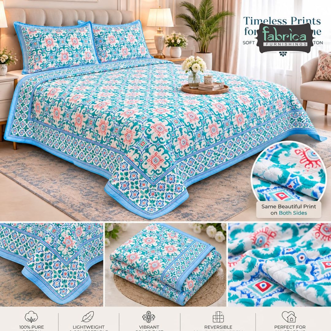 Rang Mahal Handblock Printed Double Bed Pure Mul Cotton Reversible AC Quilt