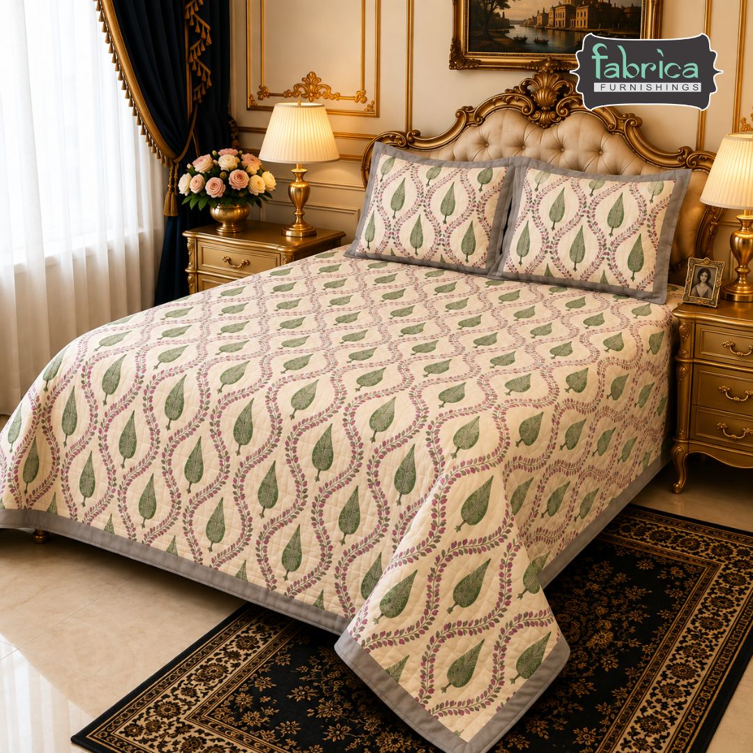 Rang Mahal Elegant Green Leaf Printed Double Bed Pure Mul Cotton AC Quilt