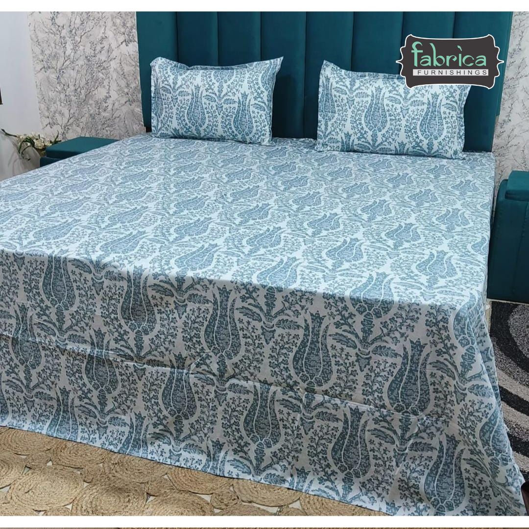 Glory Blue Paisley Pure Cotton Premium King Size Bedsheet