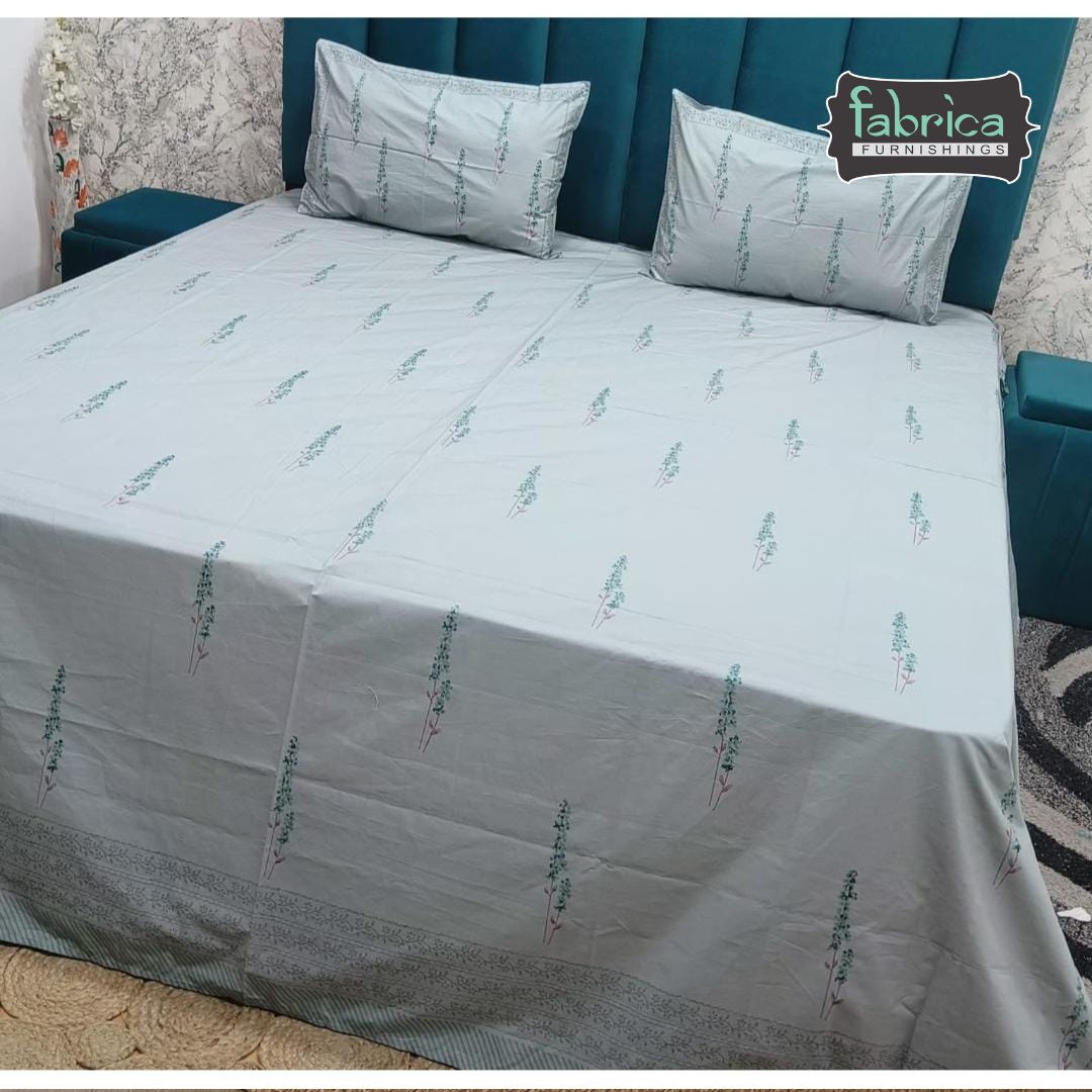 Percale Mint Green Floral Hand Block Printed Premium Cotton Super King Size Bedsheet