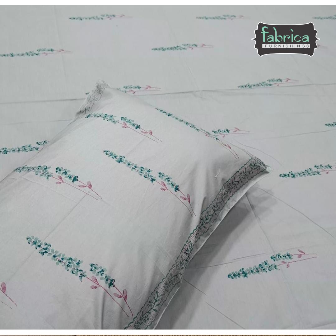 Percale Mint Green Floral Hand Block Printed Premium Cotton Super King Size Bedsheet
