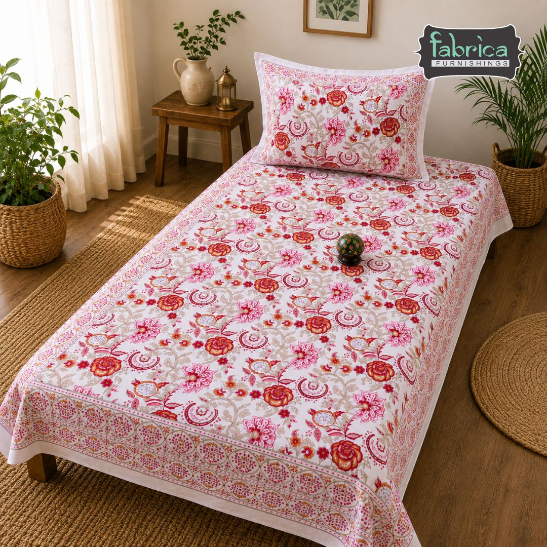 Rangbirangi Pink Floral Printed Single Bed Pure Cotton Bedsheet Set