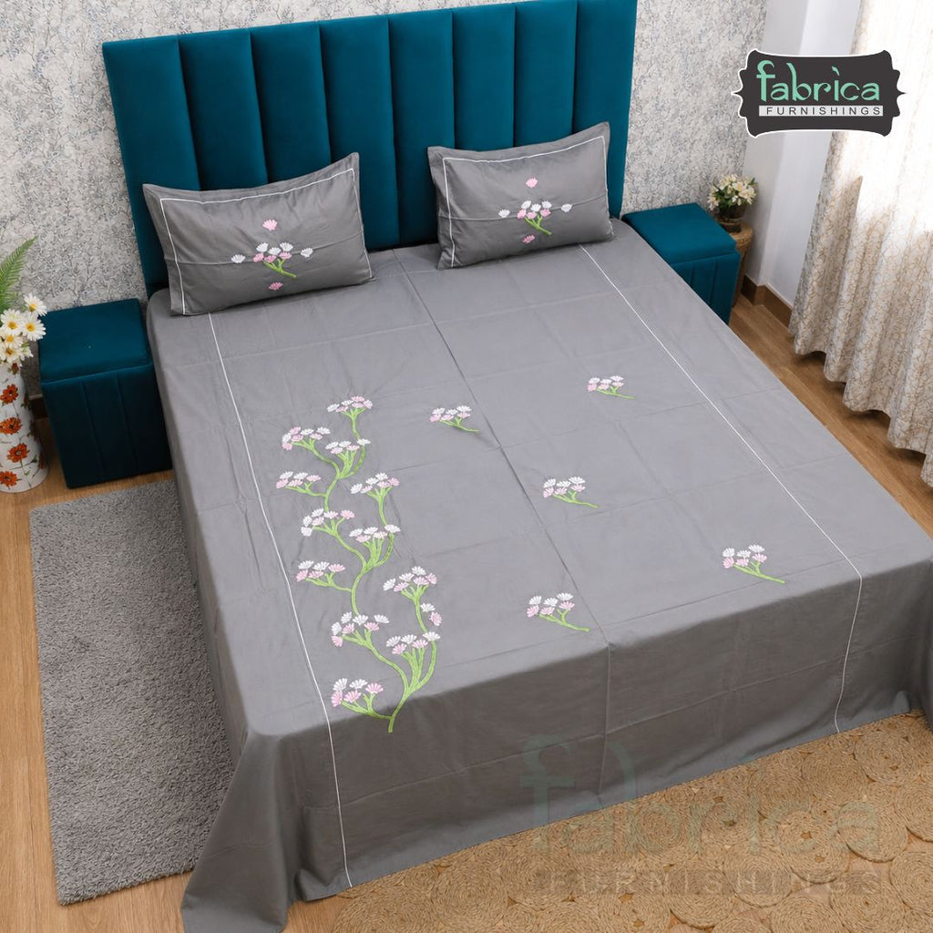 Fabrica Elegant Grey Floral Embroidered Cotton King Size Bedsheet