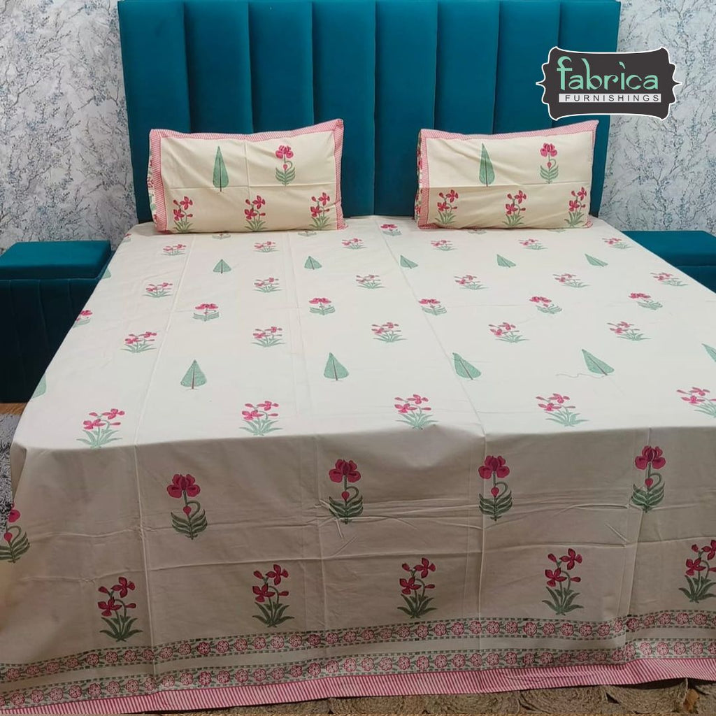 Percale Premium Floral Hand Block Printed Super King-Size Cotton Bedsheet