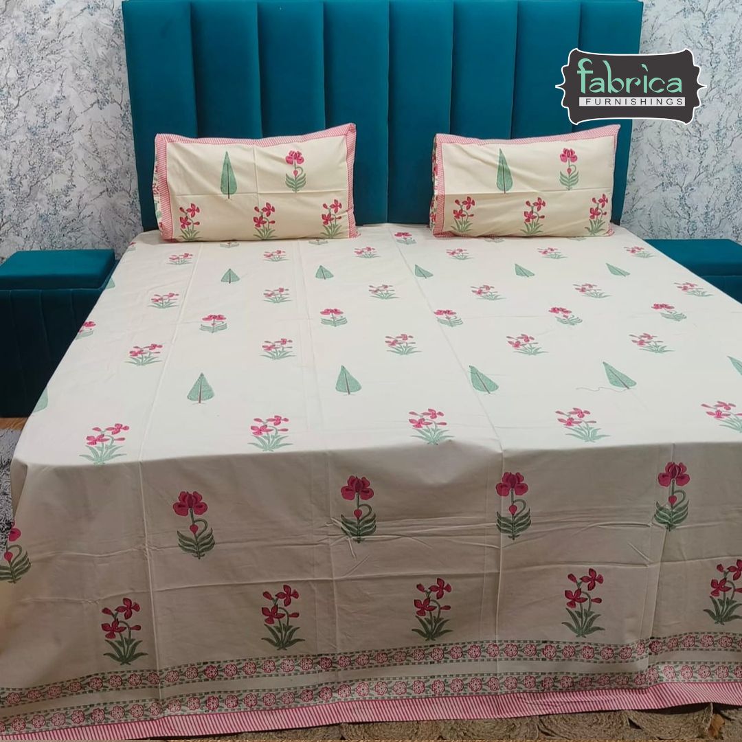 Percale Premium Floral Hand Block Printed Super King-Size Cotton Bedsheet