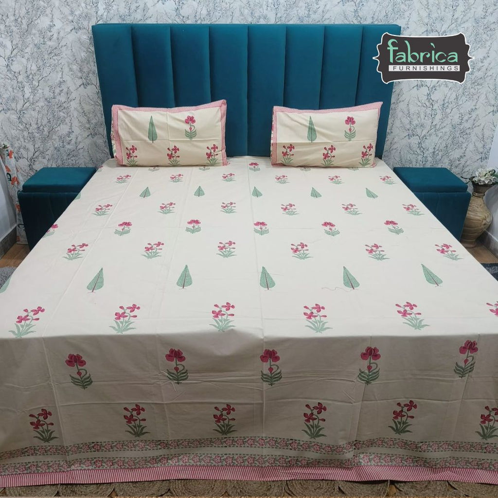 Percale Premium Floral Hand Block Printed Super King-Size Cotton Bedsheet