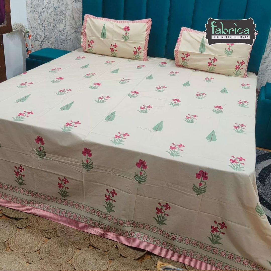 Percale Premium Floral Hand Block Printed Super King-Size Cotton Bedsheet