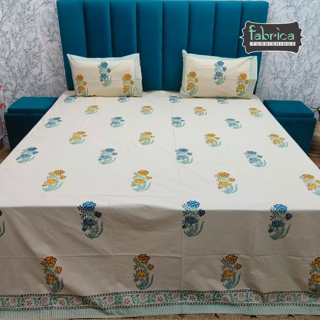 Percale Premium Floral Hand Block Printed Super King-Size Cotton Bedsheet