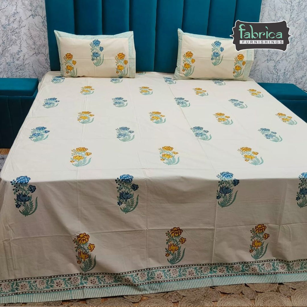 Percale Premium Floral Hand Block Printed Super King-Size Cotton Bedsheet