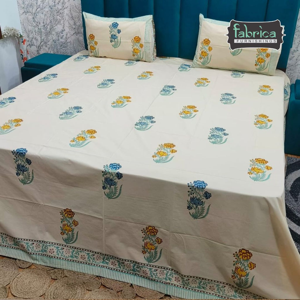 Percale Premium Floral Hand Block Printed Super King-Size Cotton Bedsheet